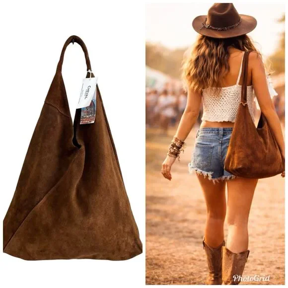 Cheval Italy Suede Leather Hobo Shoulder Bag Brown Oversized Tote Boho Hippie - Picture 1 of 14